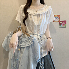 批发温柔风木耳边镂空短袖衬衫女2026年夏季大码胖mm腰带收腰遮肚上衣