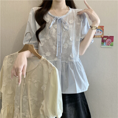 批发高级感刺绣钩花蕾丝衬衫女2026夏季胖妹妹遮肉显瘦泡泡袖小衫上衣