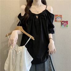 批发独特漂亮吊带一字肩短袖衬衫女2026夏季大码胖mm减龄显瘦露肩上衣