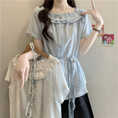 批发温柔风木耳边镂空短袖衬衫女2026年夏季大码胖mm腰带收腰遮肚上衣