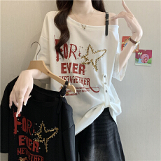 批发美式斜肩字母印花短袖T恤女夏季大码胖mm星星烫钻不规则露肩上衣