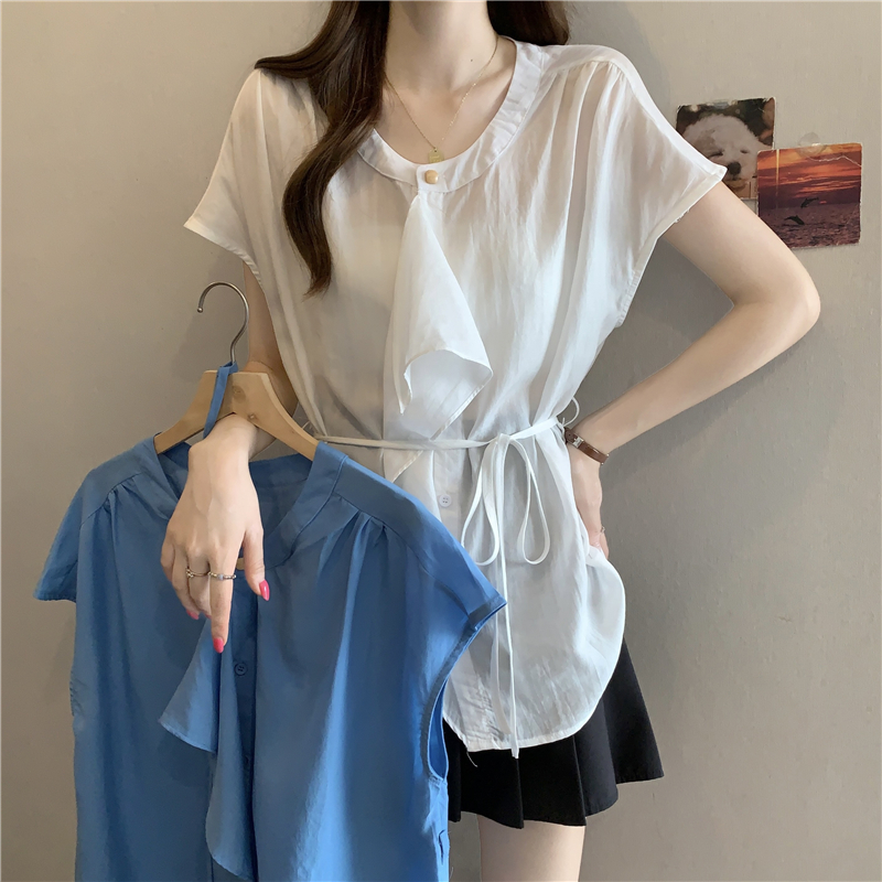 빅 사이즈 여성 의류 여름 프릴 Feifei 반팔 셔츠 지방 mm 허리 수축 레이스업 표지 배 슬림해 보이는 품격 맨위