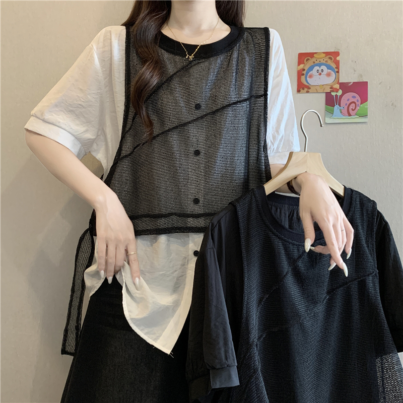 페이크 레이어드 메시 그리드 베스트 패치워크 화이트 여성 셔츠 여름 새로운 빅 사이즈 지방 mm 유럽 상품 디자인 센스 반소매 맨위