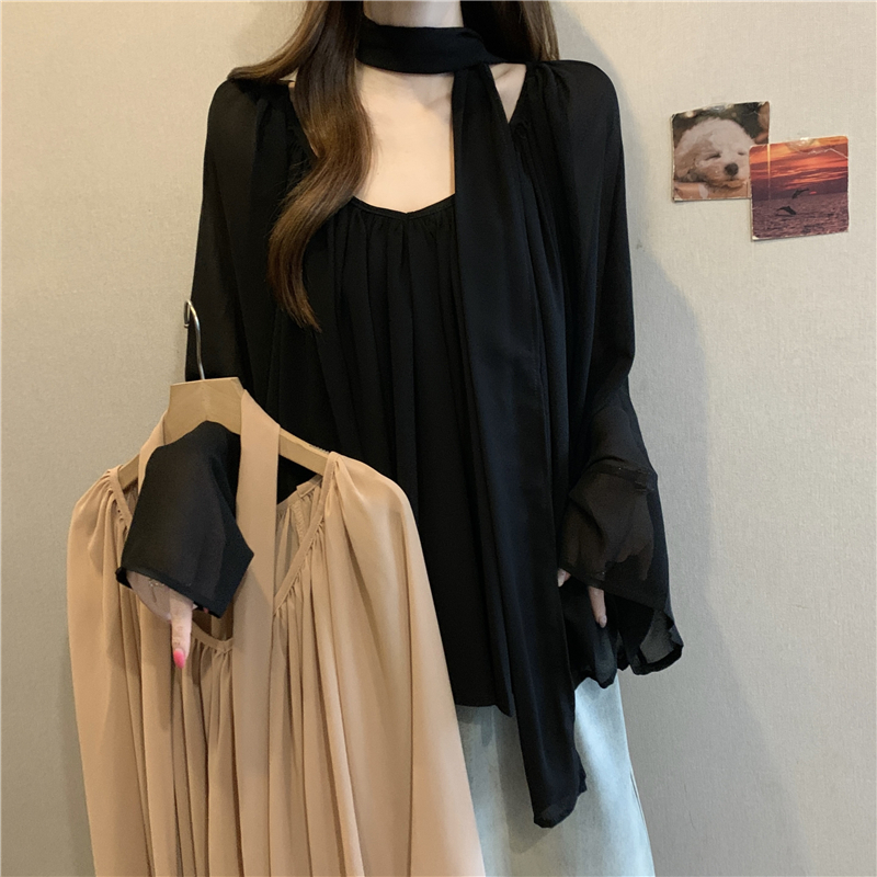 느긋한 휴가 바람 얇은 스타일 긴팔 리본 여성 셔츠 여름 빅 사이즈 지방 mm 디자인 센스 핀치 Pleat 자외선 차단 블라우스 맨위
