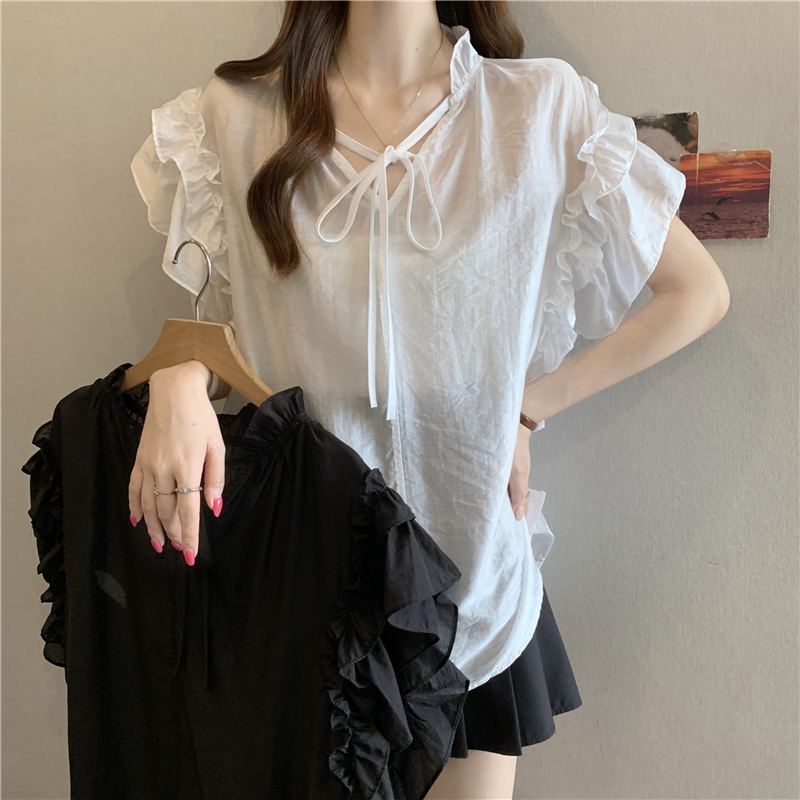검정색 프릴 레이스업 연꽃 잎 소매 여성 셔츠 여름 빅 사이즈 지방 mm 루즈핏 표지 배 슬림해 보이는 품격 맨위