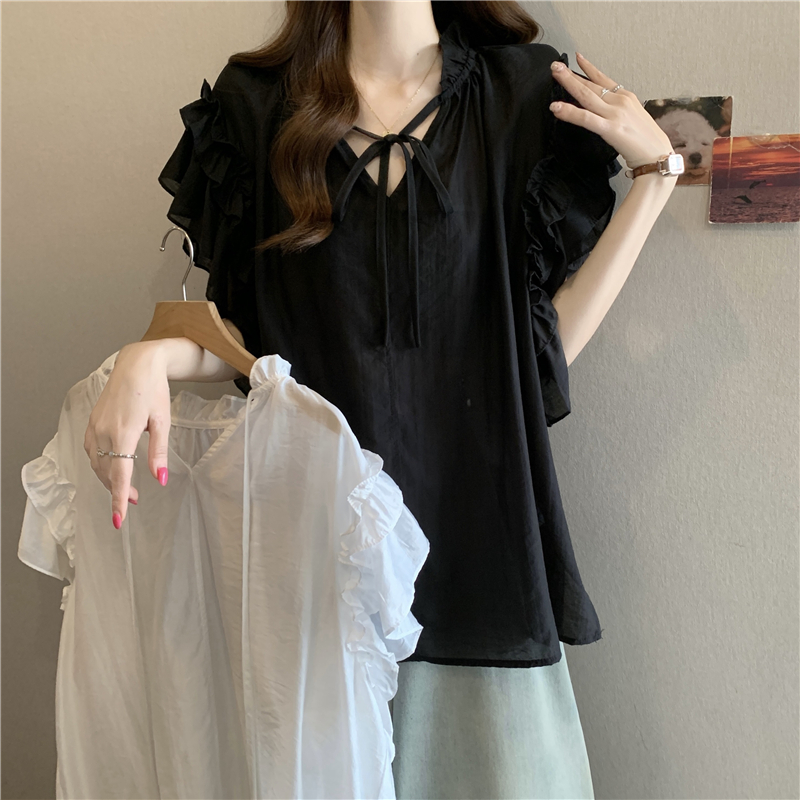 검정색 프릴 레이스업 연꽃 잎 소매 여성 셔츠 여름 빅 사이즈 지방 mm 루즈핏 표지 배 슬림해 보이는 품격 맨위