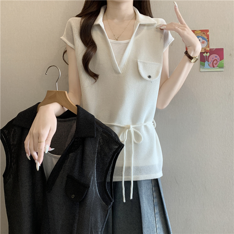 고급 센스 페이크 레이어드 polo 폴로 칼라 니트 반팔 여성 셔츠 여름 지방 mm 레이스업 허리 수축 Feifei 소매 맨위