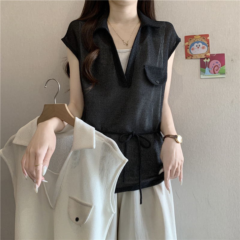 고급 센스 페이크 레이어드 polo 폴로 칼라 니트 반팔 여성 셔츠 여름 지방 mm 레이스업 허리 수축 Feifei 소매 맨위