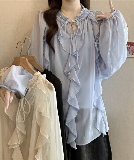 프랑스식 프릴 비즈 박기 레이스업 V넥 여성 셔츠 가을 지방 mm 중간 길이 캐미솔 스택 착용 투피스 세트