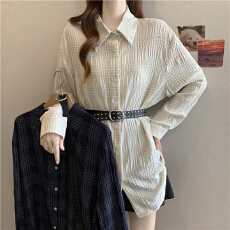 批发复古气质格子翻领长袖衬衫女秋季大码胖mm腰带收腰显瘦中长款上衣