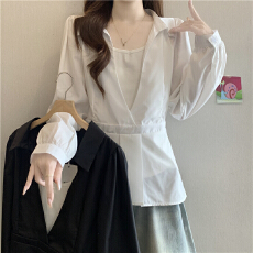 批发设计感V领长袖衬衫吊带背心两件套女秋季胖mm中长款收腰显瘦上衣