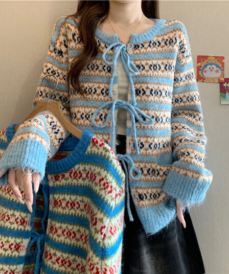 공정한 섬 레이스업 스트라이프 라운드 넥 니트 오픈 가디건 여성 가을 겨울 빅 사이즈 지방 mm 분위기 센스 레트로 자카드 스웨터 트렌디