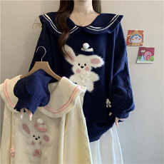 批发娃娃领可爱兔子宽松<b class='q'>毛衣</b>女秋冬大码胖mm慵懒学院风减龄针织衫上衣