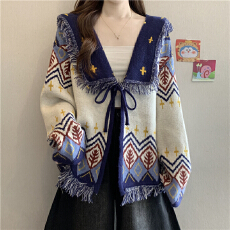 批发高级感费尔岛提花针织开衫女秋冬大码<b class='q'>胖</b><b class='q'>MM</b><b class='q'>复古</b>流苏边宽松毛衣外套
