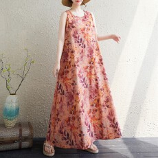 批发2026现实拍新款波西米亚长裙夏季新款加肥加大无袖圆领印花裙