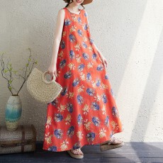 批发2026现在货实拍新款波西米亚长裙夏季新款加肥加大无袖圆领印花裙