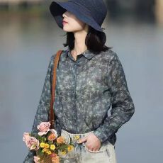 批发官图文艺复古<b class='q'>印花</b>长袖<b class='q'>衬衫</b>2025夏季新款女装高级感翻领休闲上衣潮