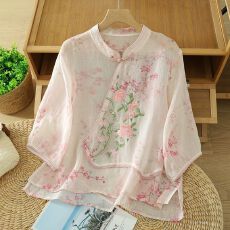 批发官图民族风刺绣花苎麻衬衫女夏季2026新款复古新中式茶服棉麻女装