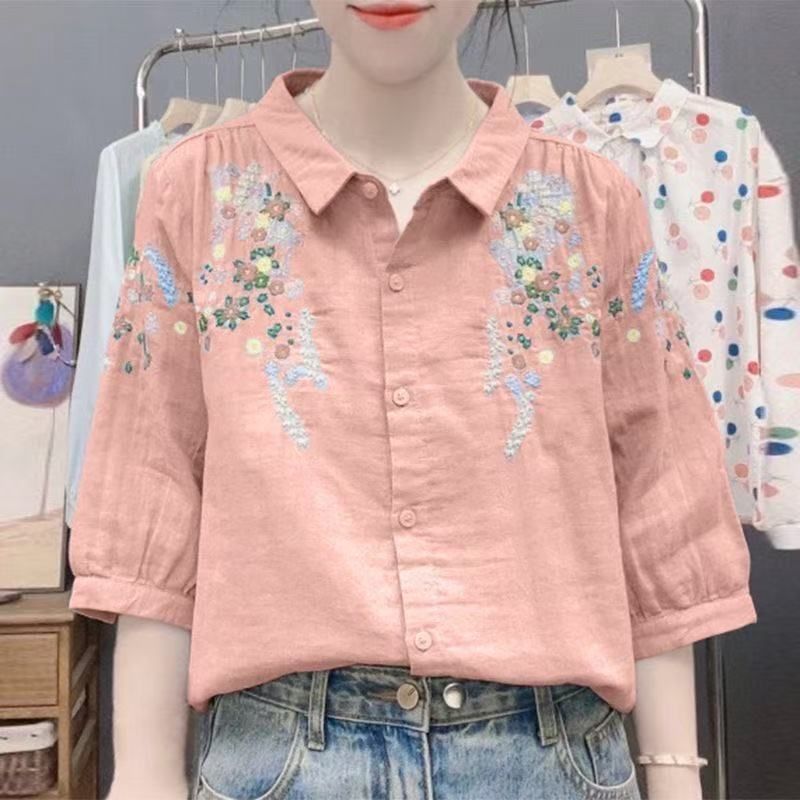 경관 그림 면 린넨 더블 실 자수 폴로 칼라 5 점 소매 얇은 스타일 여성 셔츠 여름 새로운 루즈핏 통기성 중간 소매 셔츠