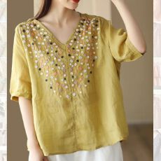 批发实价复古重工立体刺绣衬衣女气质V领套头衫棉麻衬衫上衣