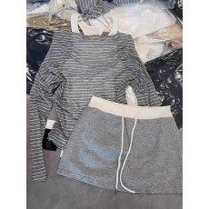 批发灰色慵懒叠穿套装上衣女早春背心外搭微透条纹防晒罩衫两件套上衣