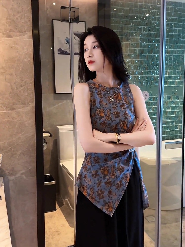 프랑스식 레트로 꽃무늬 불규칙 레이스업 쇼트 스타일 조끼 여성 여름 외출용 자이언트 잘 생긴 ~ 중 민소매 슬립 맨위