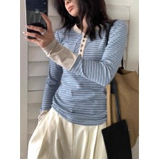 批发复古蓝色条纹半开领正肩<b class='q'>长袖</b>t恤女早秋小个子单穿内搭<b class='q'>打底衫</b>上衣