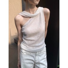 批发白色斜肩无袖单肩小吊带女夏巨好看的背心短款外穿不规则飘带上衣