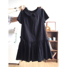 批发黑色<b class='q'>娃娃领</b>短袖<b class='q'>连衣裙</b>女生学院风蝴蝶结系带甜美减龄绝美A字短裙