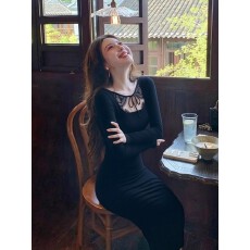 批发法式气质御姐轻熟风特别漂亮掐腰打底裙黑色针织包臀连衣裙女秋冬