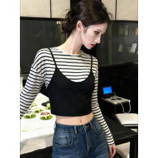 批发春秋新款时尚单穿独特漂亮减龄韩式慵懒chic条纹两件套长袖上衣<b class='q'>女</b>