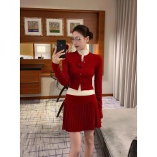 圣诞红色针织开衫女秋冬季设计感小众气质半身裙毛衣外套两件套装