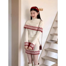 批发韩系小香风假两件长袖针织衫女秋冬新款高级感穿搭半身裙三件套装