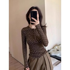 批发辣妹咖色碎花半开领正肩长袖t恤女秋冬紧身<b class='q'>修身</b>内搭打底衫上衣厚