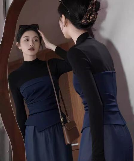 프랑스식 레트로 반하이넥 몸매 가꾸기 슬림해 보이는 기본 셔츠 여성 인사이드 가져 가라. 디자인 센스 가을 겨울 허리 수축 긴팔 티셔츠 맨위