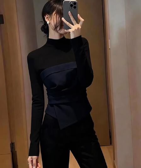 블루 검정색 반하이넥 패치워크 페이크 레이어드 기본 셔츠 여성 겨울 인사이드 가져 가라. 스택 착용 한 부서 아름다운 자이언트 잘 생긴 ~ 중 작은 셔츠