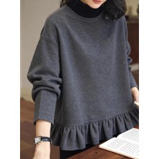 批发复古灰色<b class='q'>荷叶边</b>拼接磨毛厚款上衣设计感高级气质叠穿卫衣2025冬季