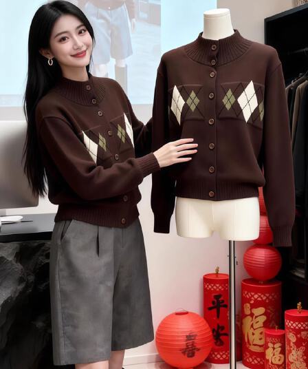 한 부서 레트로 품격 링 그리드 캐주얼 스웨터 여성 의류 2026 봄 새로운 비싼 가스 센스 작은 대중 커피 색상 니트 스웨터