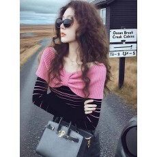 批发冬季设计感小众不撞款别致软糯慵懒风超好看粉色条纹拼接<b class='q'>针织衫</b>女