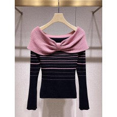 批发一字肩<b class='q'>针织衫</b>上衣2025秋冬款韩系辣妹撞色条纹蝴蝶结修身显瘦毛衣