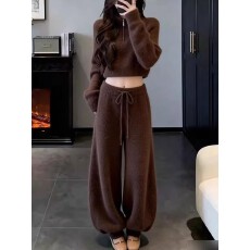 批发慵懒风针织套装女秋冬抽绳卫裤阔腿裤修身显瘦两件套长袖休闲女装