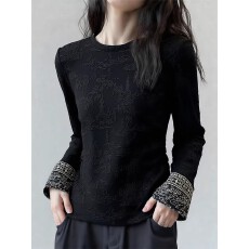 批发新中式国风黑色上衣女2026早春新款高级感百搭刺绣拼接长袖内搭衣