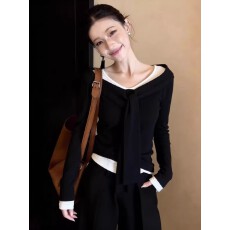 批发洋气时髦流行款潮流时尚款黑色假两件上衣女2026早春领带<b class='q'>v领</b>小衫