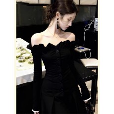 批发早春绝美单穿上衣女2026新款爆款<b class='q'>气质</b>掐腰黑色一字肩露肩长袖<b class='q'>衬衫</b>