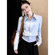 批发随性休闲通勤风<b class='q'>婴儿</b>蓝假两件上衣女文艺风宽松显瘦上衣百搭2026春