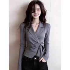 批发韩版翻领通勤风灰色长袖女装2026年<b class='q'>春</b>季新款职场气质系带收腰上衣