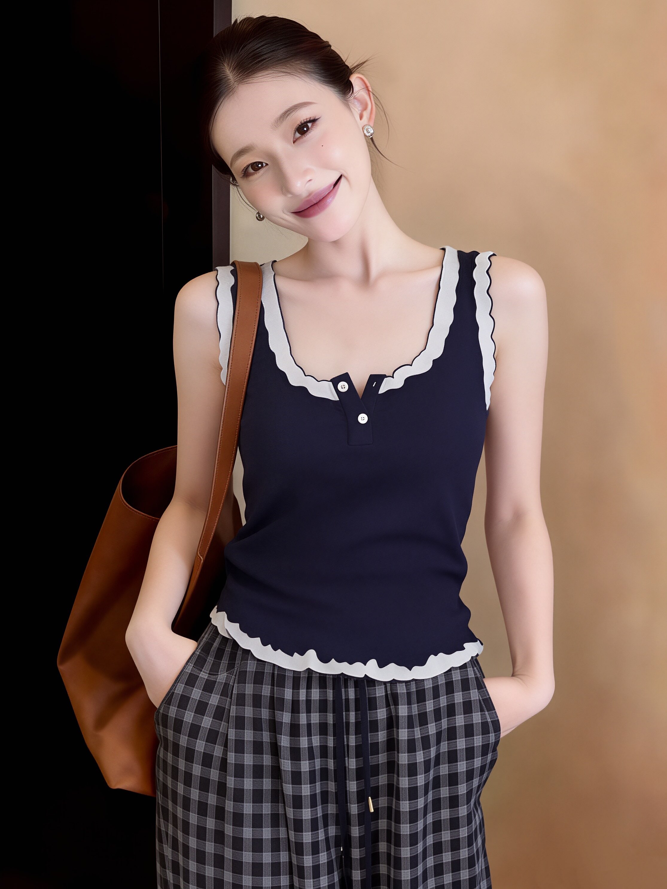 한 부서 배색 페이크 레이어드 프릴 캐미솔 여름 얇은 스타일 작은 키 몸매 가꾸기 슬림해 보이는 민소매 맨위
