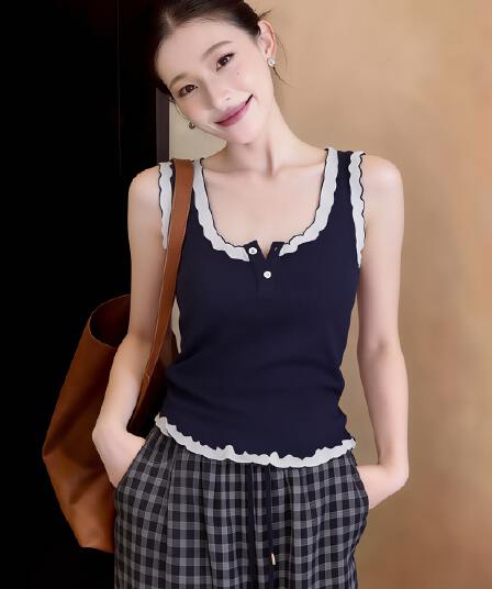 한 부서 배색 페이크 레이어드 프릴 캐미솔 여름 얇은 스타일 작은 키 몸매 가꾸기 슬림해 보이는 민소매 맨위