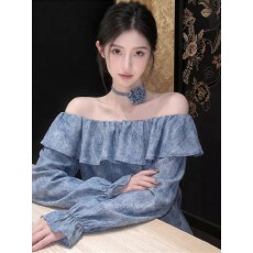 批发2026春季新款一字肩荷叶边蓝色长袖<b class='q'>衬衫</b>设计感简约显瘦气质上衣