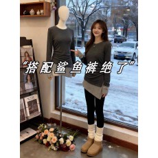 批发假两件中长款上衣女早春miu系穿搭遮屁股配鲨鱼<b class='q'>裤</b>不规则巨好看T恤